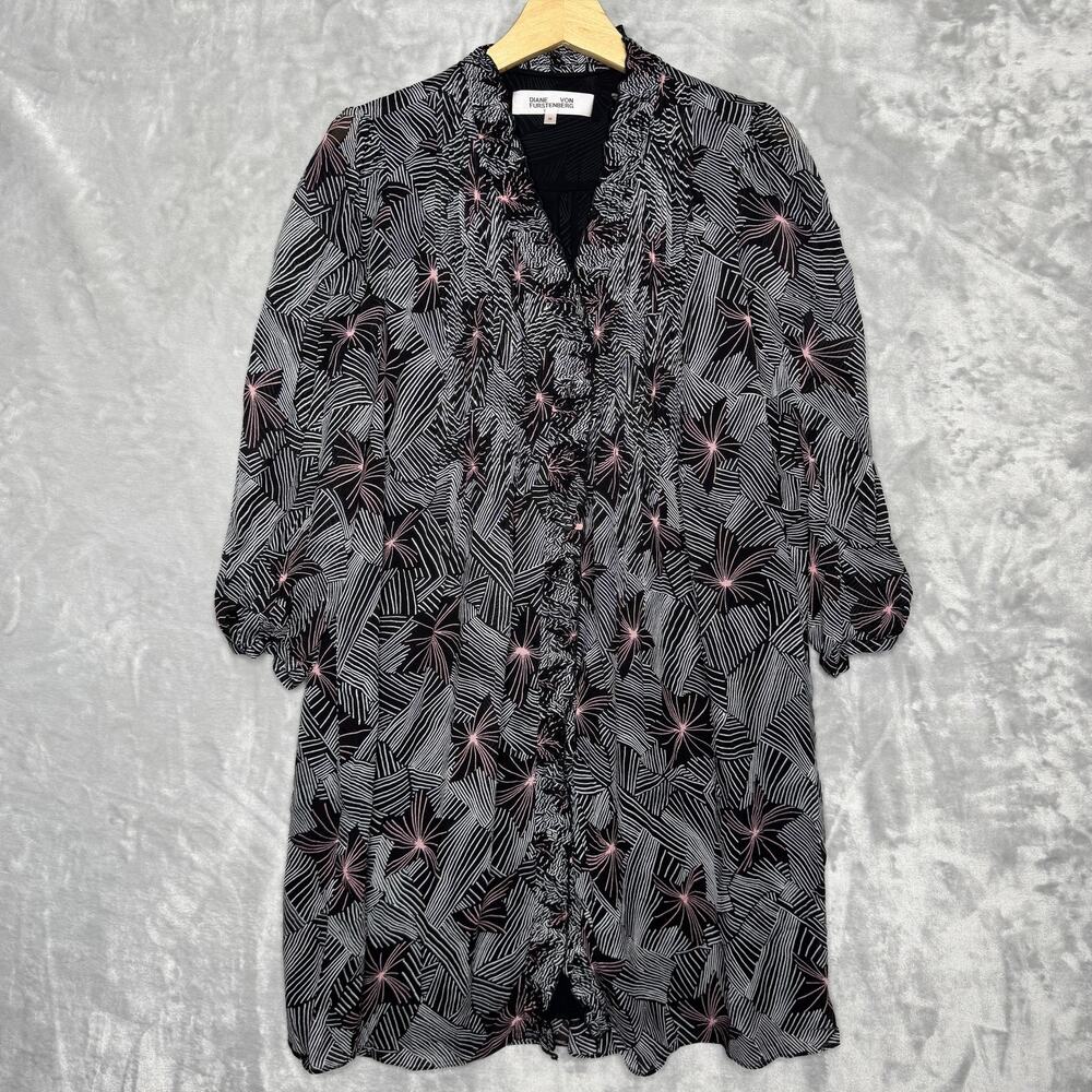 Diane Von Furstenberg Dress Womens Medium Black White Pink Ruffle A Line Lined